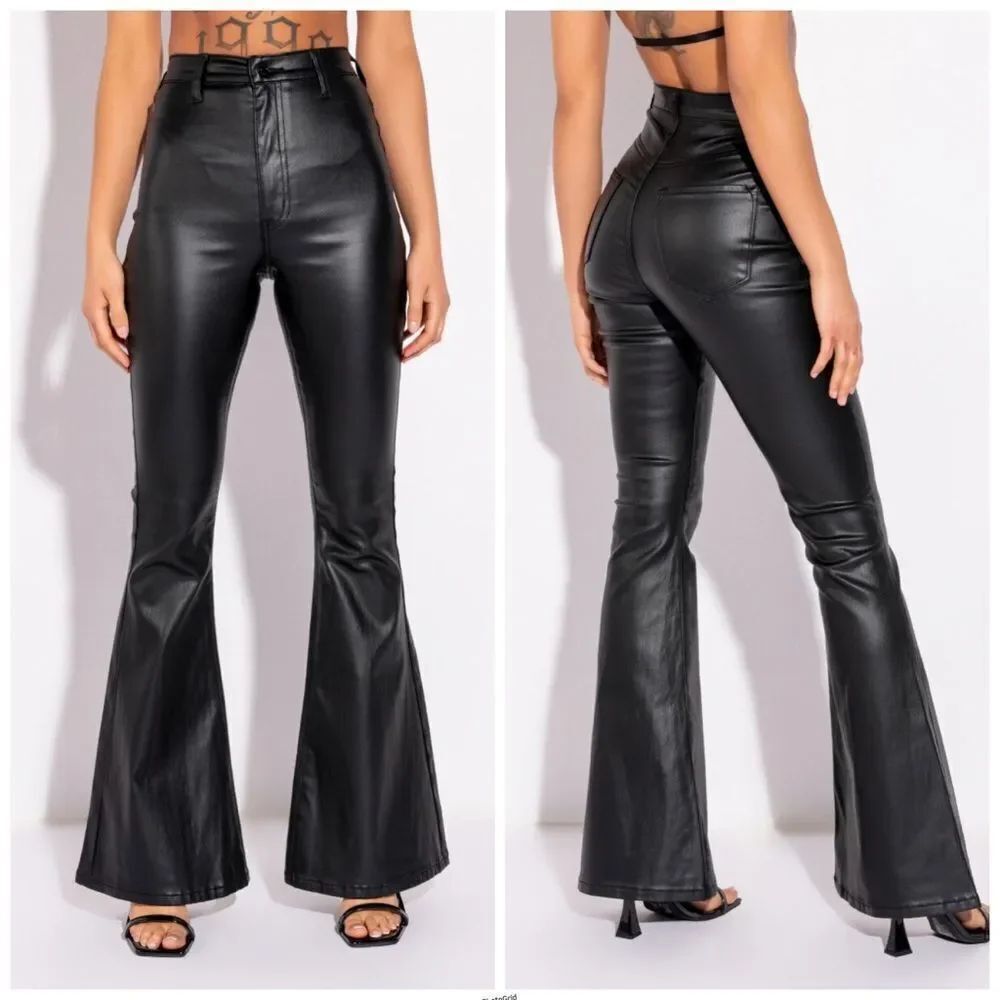 AKIRA ON DUTY FAUX LEATHER HIGH RISE FLARE PANTS